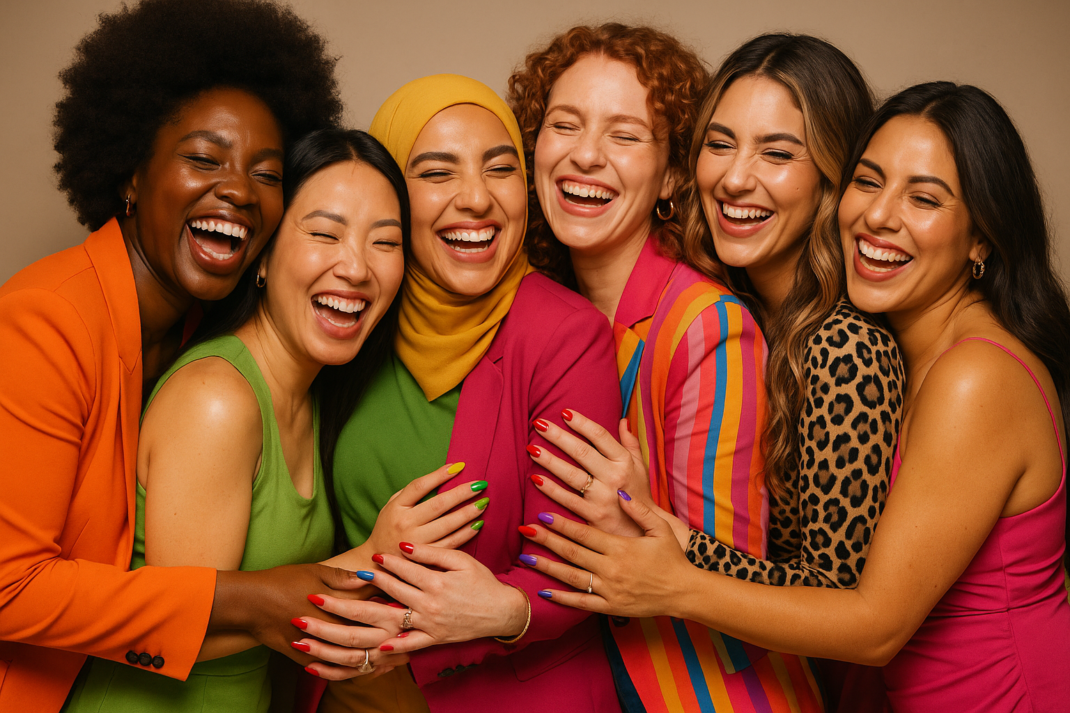 bold fashion 7 diverse woman hugging and smiling nails done diverse and beautiful woman all cutlures laughing