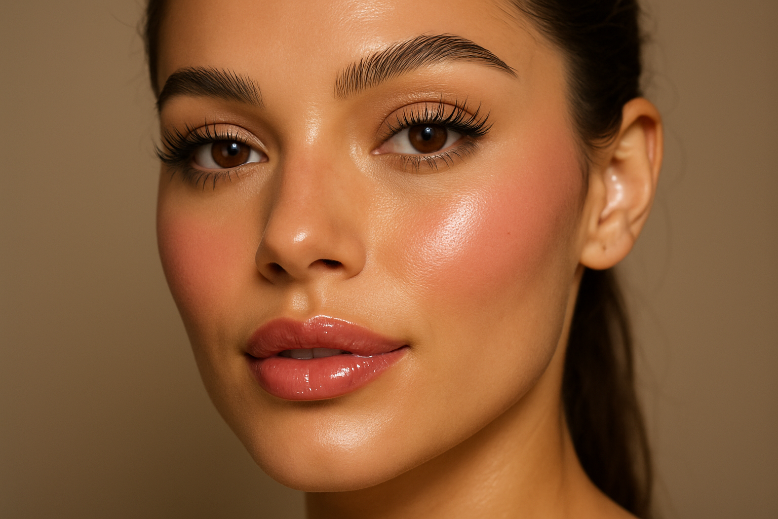 gorgeous radiant skin woman lip gloss blush lashes
